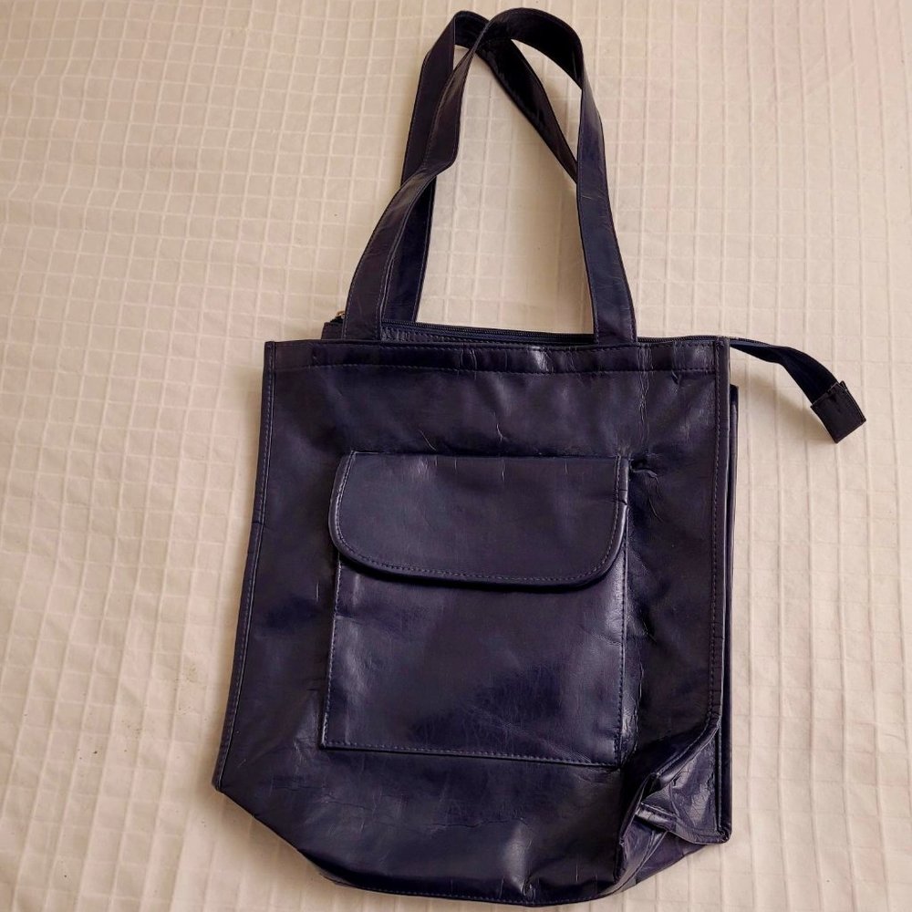 Dark blue vinyl tote bag.